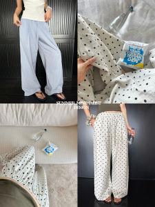 Dot Linen Blue Check Loose Casual Pants