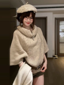 Ladies High Collar Sweater Autumn New Style Loose Knitted Cabled Coat Sweet Style Pure Color Long Sleeve round Neck Top