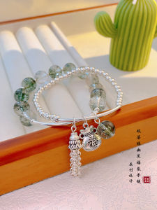 Silver Bead Bracelet Explosion Flower Simulated Green Ghost Hand Chain White Enhancing Two Layers Bracelet Gift for Besties