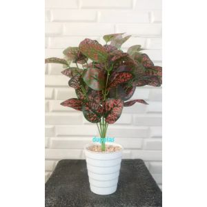 Pohon Artificial Tanaman Hias Daun Aglonema Ruby X9 Pot Ulir Cemara Pajangan Meja Kantor