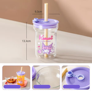 For Sanrio Straw Glass Cups Kawaii for Hello Kitty Printing Clear Water Cup with Lid Home Office Chilled Juice Soda Mug for Girl