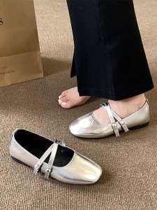 French Style Silver with Skirt Flats Flats Flats Womens Summer 2024 New Arrival Fancy Square Toe Mary Jane Shoes
