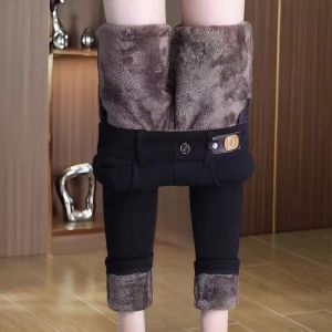 Womens High Waist Thickened Fleece Lined Skinny Pants Autumn Winter New Style Bootcut Pants High Elasticity Little Black Pants