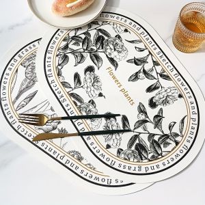 Floral Elliptical Placemats PU Leather Sketch Flowers Pattern Table Mats Waterproof Heat-Resistant Non-Slip Wipeable Dining