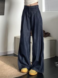 Quần Jeans Ống Rộng Xanh Cổ Điển Cao Cấp Cho Nữ Mùa Hè Quần Dài Đến Sàn Cạp Cao Rộng Rộng Quần Jeans Denim Thường Ngày