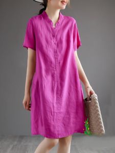 Pure Cotton V-Neck Shirt Dress Womens Loose Slimming Casual Midi Skirt Summer New Style Button Embellished A-Line Dress
