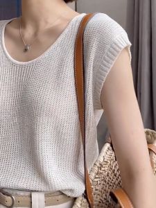 French U-Neck Linen Ice Silk Hollow Knitted Top Short Sleeve Women Summer Loose Casual Shoulder Small Flying Sleeve Shirt