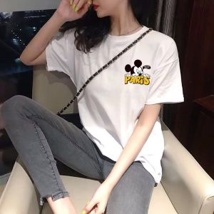 Trendy Loose Womens Short Sleeve T-Shirt Korean Style Summer New Cartoon Mickey Student Versatile Top Polyester Fabric round Neck