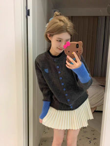 Fashionable Short Knitted Sweater Womens round Neck Color Block Korean Style Cardigan Sweater Gentle Girl Sensation Little Fragrance Style