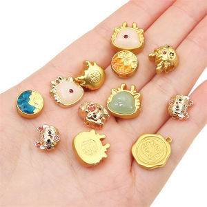1PC Cute Cartoon Gold Color Alloy Beads Dropping Oil Dragon Charms Pendant Chinese Style New Year Pendants For Handmade Bracelet Necklace Earring Keychain DIY Craft Jewelry Making Accessories