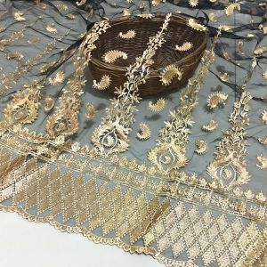 ผ้าลูกไม้ปักลาย 3 มิติ สีดำ ทอง ลายขอบคลื่น ผ้าปักลายดอกไม้ ผ้าสำหรับทำเสื้อผ้า วัสดุสำหรับตกแต่งบ้าน สไตล์จีน