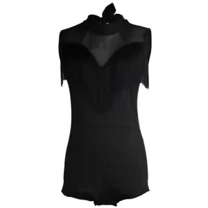 Women Short Sleeve Tassel Solid Color Mesh Patchwork Latin Belly Dance Rompers Professional Practice Competition Dancewear
