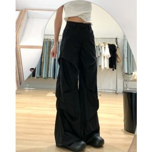 Quần Ống Rộng Cạp Cao Cho Nữ Dáng Rộng Phong Cách Công Sở Màu Đen Dài Gấp Cho Người Cao 175cm Quần Dài Thường Ngày