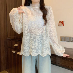 High-end Unique Large Size Sheer Stand Collar Lace Top