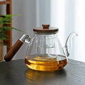 Thickened Wood-Handled Glass Tea Pot for Home Use Boiling Water And Steaming Integrated Tea Brewing Device Macaron Colored