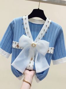 Yao Kexin Womens Discount Clothing Short Sleeve Ice Silk Knit Shirt with Embroidery and Butterfly Knot Summer Thick Work Clothing