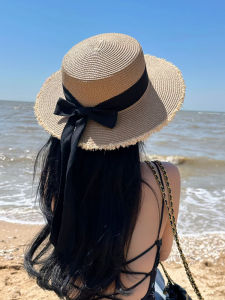 Women's Summer Beach Holiday Flat Top Straw Hat: Butterfly Knot Woven Sunshade Hat Casual Stripe Pattern Wide Brim Hat