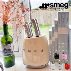 SMEG Knife Holder Set Smag Vintage Stainless Steel Kitchen Knife Home Kitchen Knife Seven Piece Set Cream Color