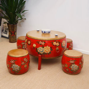Ming-Qing Period Solid Wood Chinese Creative Cowhide Drum Stool Retro Vintage Hand Painting Distressed round Stool Customizable