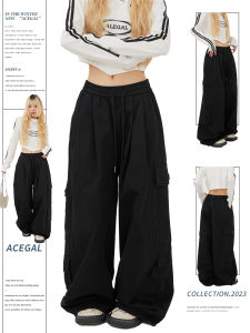Remedie American Retro Street Black Cargo Pants Female Drape Wide Leg Pants Hip Hop Hiphop Street Dance Pants