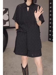 Plus Size Womens Summer New Arrival Loose Temperament Shirt Two-piece Set Womens Plus Size Ladies Belly Covering Show Thin Black Casual Suit