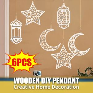 6PCS Eid Mubarak Wooden Crafts Hanging Decoration Retro Ethnic Style Hollow Moon Star Pendant 2025 Ramadan Decoration Islamic Muslim Party Supplies
