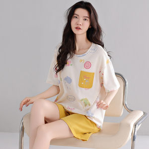 miiow | Pure Cotton Summer Sleepwear Womens Short Sleeve Shorts Breathable Home Clothes Set With Chest Pad Cat Person MiiOW 2025 New