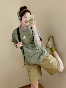 Áo Thun Tay Ngắn in Họa Tiết Màu Xanh Lá Cây Cổ Điển Phong Cách Mỹ Dành Cho Nữ Mùa Hè Rộng Rãi Chất Liệu Cotton Dáng Rộng Thời Trang