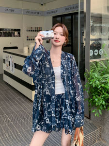 Vacation Wear Womens Lightweight Printed Sun Protection Shirt And Short Pants Two-Piece Set Summer Fashion Polyester Fiber