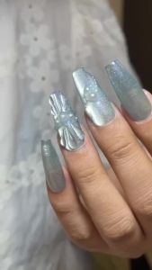 [HANDMADE+Free Glue]Artificial Nail Fluorescent Cats Eye Ocean Star Shell Pearl Phototpy Fake Nail Patch Press on Nails Reusable