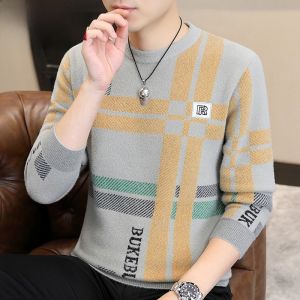 HENGYUANXIANG | Hengyuanxiang Mens Thickened Knitted Sweater Round Neck Stripe Base Shirt Autumn Winter Fashion City Style Long Sleeve Casual Loose Fit