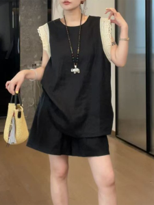 Shalldoer | Color Block Lace Outfit Women Summer Plus Size Top Shorts Set Slimming Two Piece Ensemble Round Neck Short Sleeve Pull Over