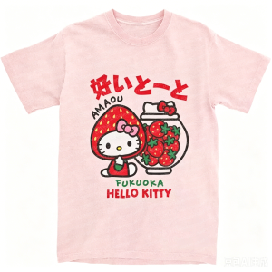 52TOYS | Hello Kitty Strawberry Pattern Womens Printed T-shirt Cartoon Style Multi functional Leisure Street Y2K Casual Childrens Top