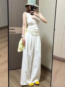 High Waist Wide Leg Pants Womens Summer Loose Drapey Floor-Length Casual Linen Trousers Comfortable High-Rise Loose Fit