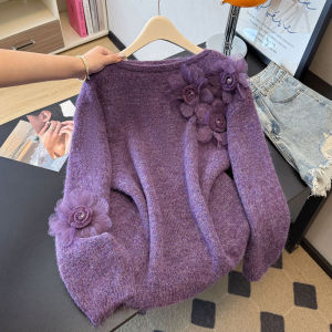 Elegant Purple Floral Knit Top for Plus Size Slimming Spring Autumn