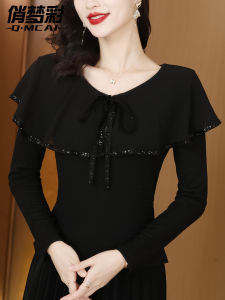 Black Slim Fit Long Sleeve T-Shirt Fashionable Ageless Lace Trim Top Womens Autumn New Arrival Charming Commute Style Base Shirt