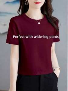LINGLONGDAI | Slimming Round Collar Wine Red Short Sleeve Top