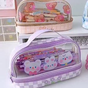 Ivorybaby Pencil Case Korea Tempat Pensil Dua Lapis Transparan Kotak Pensil Tempat Pola Hewan Lucu