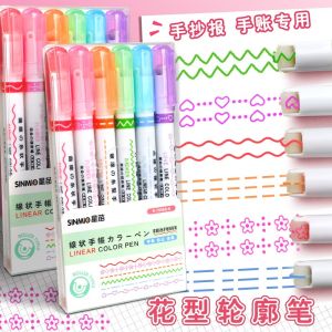 Floral Outline Wave Highlighter Pen Set Marking Pens Curved Line Fluorescent Pen for Students Travel Journaling Six Colors