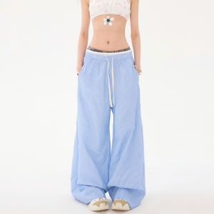 Quần Ống Rộng Kẻ Sọc Phong Cách Hàn Quốc Cho Nữ Mùa Hè 2025 Quần Dài Thường Ngày Có Dây Rút Eo Kép Quần Ống Rộng Màu Xanh Nhạt Rộng Rãi