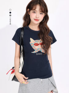 Áo Thun Tay Ngắn Màu Xanh Cổ Điển Mỹ Đơn Giản Thanh Lịch Ôm Vừa Vặn Gợi Cảm Thường Ngày Đa Năng Mùa Hè Áo Thun Nữ