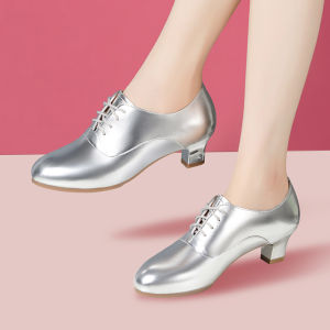 Gold Leather Latin Dance Shoes Womens Adult Medium High Heel Four Seasons Dance Shoes Social Square Dance Soft Bottom