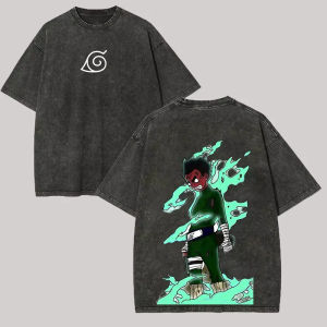 Bandai | Rock Lee Eight Gates T Shirt Naruto Vintage Acid Wash Streetwear Oversized Retro Anime Graphic Men Tees Cotton Top Clothing