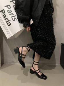 Elegant Black High Heels Mary Janes Womens Sandals Fashionable Chunky Heel Korean Style Slip-On Shoes for Daily Wear