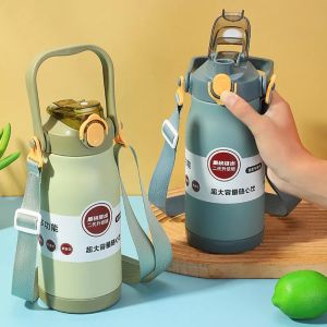 1000ML THERMOS ขวดสแตนเลสแบบพกพาแก้วความร้อนฟางขนาดใหญ่ความจุ Thermo ขวด Tumbler ถ้วยกีฬาใหม่