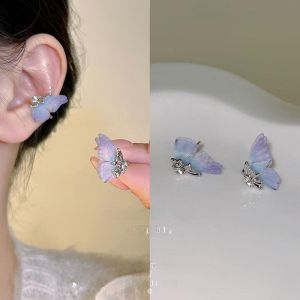 Cili Lace Blue Butterfly Ear Cuff No Piercing Required Fairy Ears Small Niche Elegant Blue Purple Butterfly Tassel Earrings
