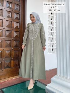 GAMIS RAIFA SERIES (M-L-XL) BAHAN KATUN LINEN CRINGKEL PREMIUM KOMBINASI BORDIR KOMPUTER TERBARU 2024