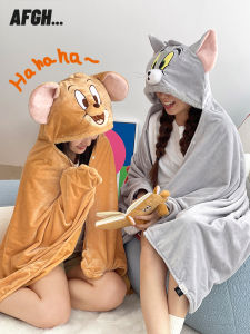 Classic TomAndJerry CatAndMouse Hooded Air Conditioning Blanket Pillow Office Dual Purpose Storage Bag Included Plush Toy