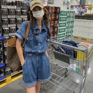 High Waist Denim Jumpsuit Womens Slimming Short Set Elegance One-Piece Pants Cotton Polyester Blend Summer Fashion