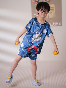 Summer Childrens Ice Silk Short Sleeve Set Cartoon Home Clothes Two-Piece Suit for Medium And Large Children Boys Sleepwear